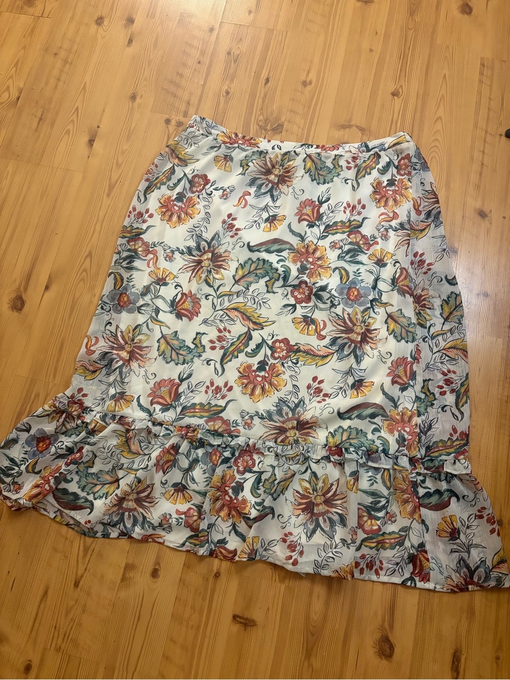 CJ Banks Floral Ruffle-Hem Midi Skirt - Cream with Multicolor Bloom
